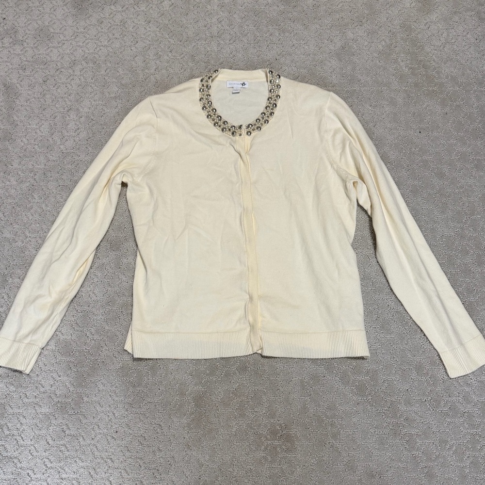 Charter Club Cream Cardigan with Embellished Neckline Size Small